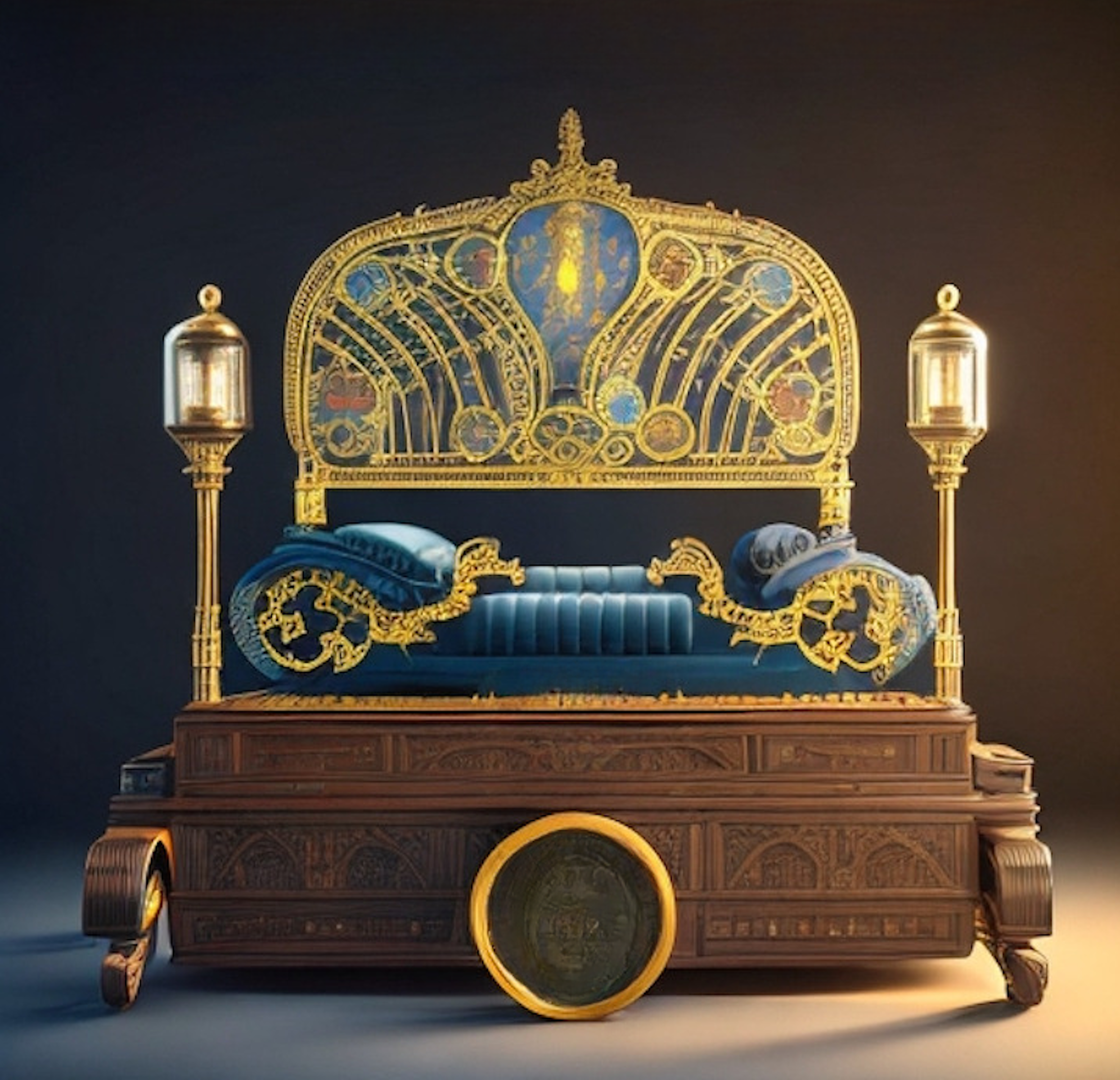 An ornate couch with royal blue cushion, a gold back, and wood at the bottom, all supported by four wheels.