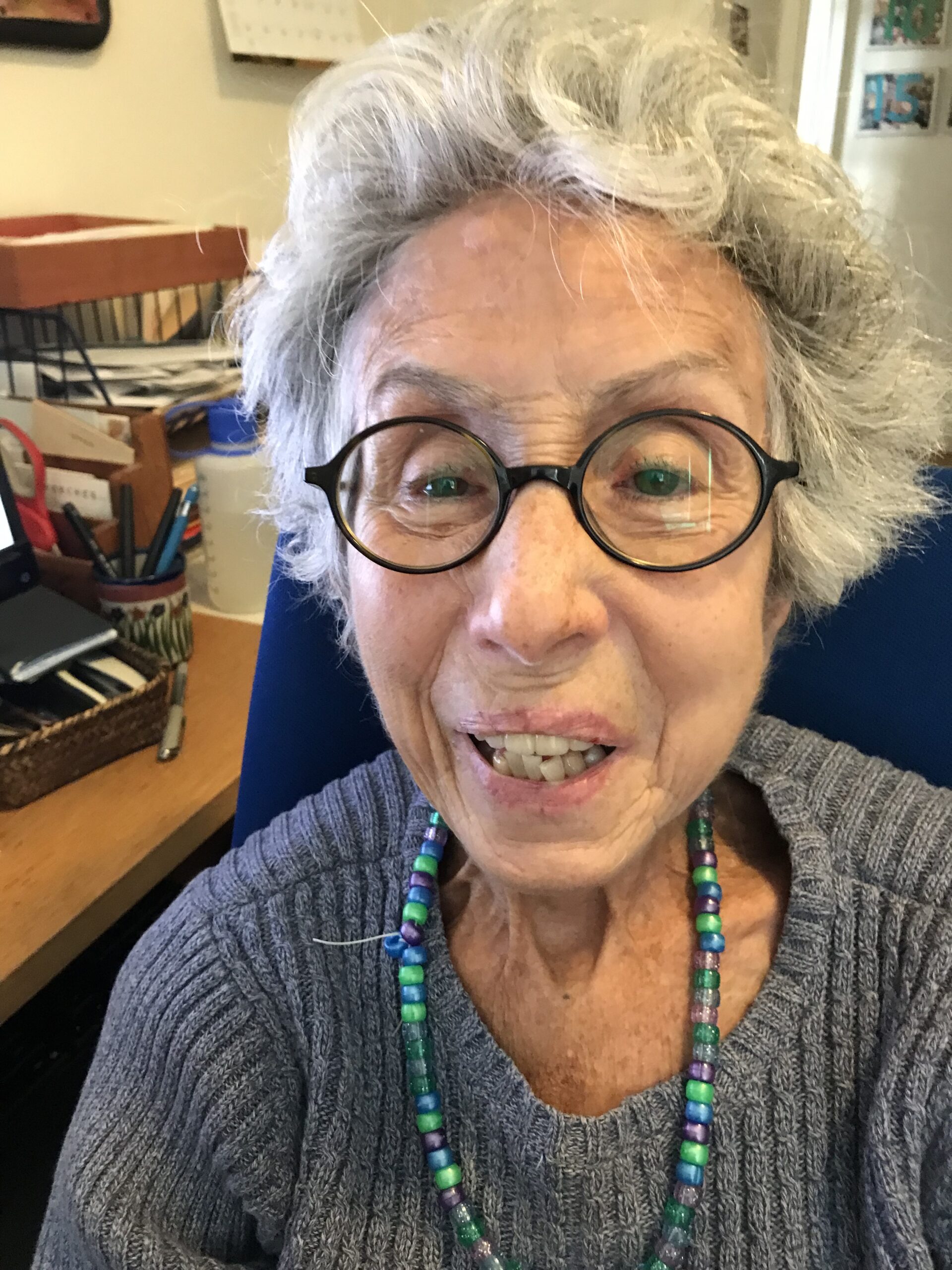 A woman with short, gray hair smiles at the camera. She wears round, black-rimmed glasses; a green, beaded necklace; and a blue-gray sweater.